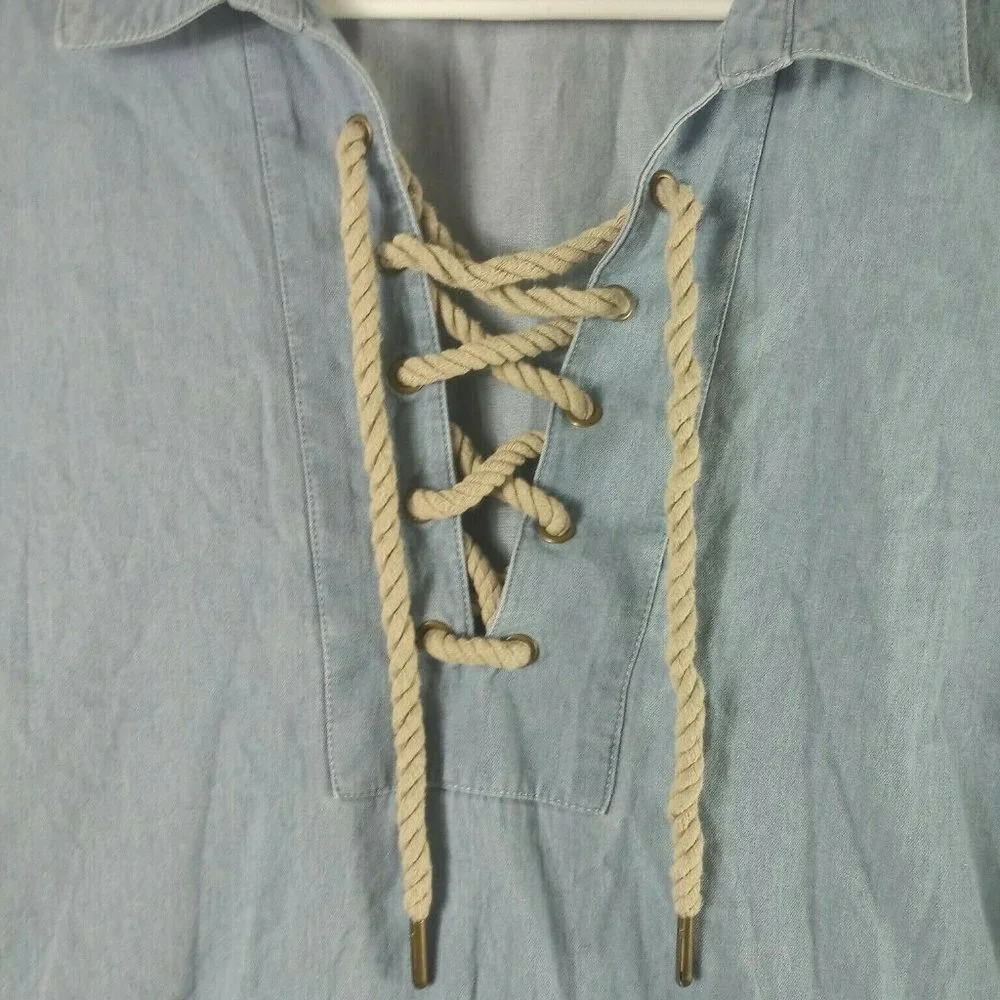 GH Bass & Co. Womens Cotton Knit Blouse Rope Lace Up 3/4 Bell Sleeve Blue Large - Picture 5 of 6